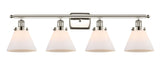 916-4W-PN-G41 4-Light 36" Polished Nickel Bath Vanity Light - Matte White Cased Large Cone Glass - LED Bulb - Dimmensions: 36 x 8 x 11 - Glass Up or Down: Yes