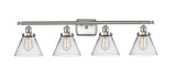 916-4W-SN-G42 4-Light 36" Brushed Satin Nickel Bath Vanity Light - Clear Large Cone Glass - LED Bulb - Dimmensions: 36 x 8 x 11 - Glass Up or Down: Yes