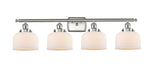 916-4W-SN-G71 4-Light 36" Brushed Satin Nickel Bath Vanity Light - Matte White Cased Large Bell Glass - LED Bulb - Dimmensions: 36 x 8 x 11 - Glass Up or Down: Yes