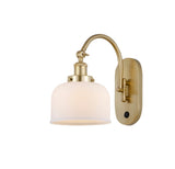 918-1W-SG-G71 1-Light 8" Satin Gold Sconce - Matte White Cased Large Bell Glass - LED Bulb - Dimmensions: 8 x 14 x 12.5 - Glass Up or Down: Yes