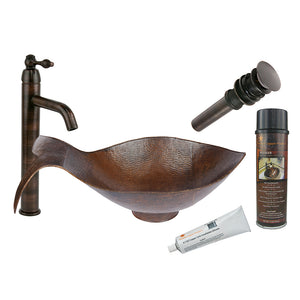BSP1_PVFHDB 20.5" Fish Vessel Hammered Copper Sink with ORB Single Handle Vessel Faucet, Matching Drain and Accessories