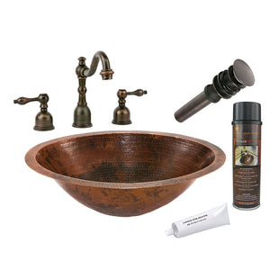 BSP2_LO20FDB 20" Master Bath Oval Under Counter Hammered Copper Sink with ORB Widespread Faucet, Matching Drain and Accessories