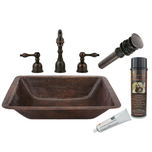BSP2_LREC19DB 19" Rectangle Under Counter Hammered Copper Sink with ORB Widespread Faucet, Matching Drain and Accessories
