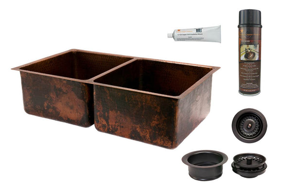 KSP3_K50DB33199 33 Inch Hammered Premier Copper Kitchen 50/50 Double Basin Sink with Matching Drains, and Accessories