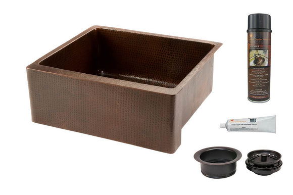 KSP3_KASDB25229 25 Inch Hammered Premier Copper Kitchen Apron Single Basin Sink with Matching Drain and Accessorie