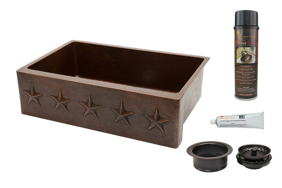 KSP3_KASDB33229ST 33 Inch Hammered Premier Copper Kitchen Apron Single Basin Sink w/ Star Design with Matching Drain and Accessories