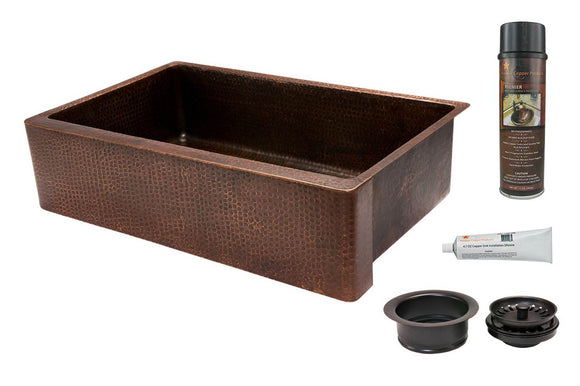 KSP3_KASDB35229 35 Inch Hammered Premier Copper Kitchen Apron Single Basin Sink with Matching Drain and Accessories