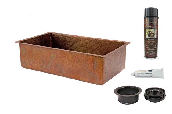 KSP3_KSB33199 33 Inch Antique Hammered Premier Copper Kitchen Single Basin Sink with Matching Drain and Accessories