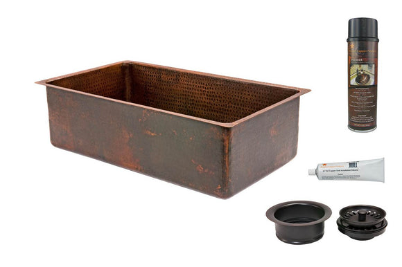 KSP3_KSDB30199 30 Inch Hammered Premier Copper Kitchen Single Basin Sink with Matching Drain and Accessories