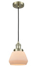 201C-AB-G171 Cord Hung 7" Antique Brass Mini Pendant - Matte White Cased Fulton Glass - LED Bulb - Dimmensions: 7 x 7 x 10<br>Minimum Height : 12.5<br>Maximum Height : 130.5 - Sloped Ceiling Compatible: Yes