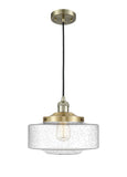 201C-AB-G694-12 Cord Hung 12" Antique Brass Mini Pendant - Seedy Large Bridgeton Glass - LED Bulb - Dimmensions: 12 x 12 x 9.875<br>Minimum Height : 12.875<br>Maximum Height : 129.875 - Sloped Ceiling Compatible: Yes