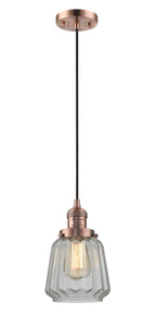 201C-AC-G142 Cord Hung 7" Antique Copper Mini Pendant - Clear Chatham Glass - LED Bulb - Dimmensions: 7 x 7 x 11<br>Minimum Height : 14<br>Maximum Height : 132 - Sloped Ceiling Compatible: Yes