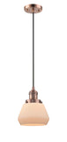 201C-AC-G171 Cord Hung 7" Antique Copper Mini Pendant - Matte White Cased Fulton Glass - LED Bulb - Dimmensions: 7 x 7 x 10<br>Minimum Height : 12.5<br>Maximum Height : 130.5 - Sloped Ceiling Compatible: Yes