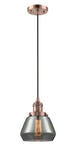 201C-AC-G173 Cord Hung 7" Antique Copper Mini Pendant - Plated Smoke Fulton Glass - LED Bulb - Dimmensions: 7 x 7 x 10<br>Minimum Height : 12.5<br>Maximum Height : 130.5 - Sloped Ceiling Compatible: Yes