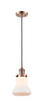 201C-AC-G191 Cord Hung 6.25" Antique Copper Mini Pendant - Matte White Bellmont Glass - LED Bulb - Dimmensions: 6.25 x 6.25 x 10<br>Minimum Height : 13.5<br>Maximum Height : 131.5 - Sloped Ceiling Compatible: Yes