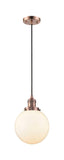 201C-AC-G201-8 Cord Hung 8" Antique Copper Mini Pendant - Matte White Cased Beacon Glass - LED Bulb - Dimmensions: 8 x 8 x 11.5<br>Minimum Height : 15<br>Maximum Height : 133 - Sloped Ceiling Compatible: Yes
