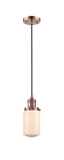 201C-AC-G311 Cord Hung 4.5" Antique Copper Mini Pendant - Matte White Cased Dover Glass - LED Bulb - Dimmensions: 4.5 x 4.5 x 10.25<br>Minimum Height : 13.75<br>Maximum Height : 131.75 - Sloped Ceiling Compatible: Yes