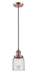 201C-AC-G52 Cord Hung 5" Antique Copper Mini Pendant - Clear Small Bell Glass - LED Bulb - Dimmensions: 5 x 5 x 10<br>Minimum Height : 13<br>Maximum Height : 131 - Sloped Ceiling Compatible: Yes
