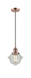 201C-AC-G534 Cord Hung 7.5" Antique Copper Mini Pendant - Seedy Small Oxford Glass - LED Bulb - Dimmensions: 7.5 x 7.5 x 8<br>Minimum Height : 13<br>Maximum Height : 131 - Sloped Ceiling Compatible: Yes