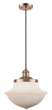201C-AC-G541 Cord Hung 11.75" Antique Copper Mini Pendant - Matte White Cased Large Oxford Glass - LED Bulb - Dimmensions: 11.75 x 11.75 x 11.5<br>Minimum Height : 15.375<br>Maximum Height : 133.375 - Sloped Ceiling Compatible: Yes