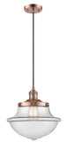 201C-AC-G542 Cord Hung 11.75" Antique Copper Mini Pendant - Clear Large Oxford Glass - LED Bulb - Dimmensions: 11.75 x 11.75 x 11.5<br>Minimum Height : 15.375<br>Maximum Height : 133.375 - Sloped Ceiling Compatible: Yes