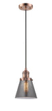 201C-AC-G63 Cord Hung 6" Antique Copper Mini Pendant - Plated Smoke Small Cone Glass - LED Bulb - Dimmensions: 6 x 6 x 8<br>Minimum Height : 13<br>Maximum Height : 131 - Sloped Ceiling Compatible: Yes