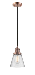 201C-AC-G64 Cord Hung 6" Antique Copper Mini Pendant - Seedy Small Cone Glass - LED Bulb - Dimmensions: 6 x 6 x 8<br>Minimum Height : 13<br>Maximum Height : 131 - Sloped Ceiling Compatible: Yes