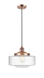 201C-AC-G694-12 Cord Hung 12" Antique Copper Mini Pendant - Seedy Large Bridgeton Glass - LED Bulb - Dimmensions: 12 x 12 x 9.875<br>Minimum Height : 12.875<br>Maximum Height : 129.875 - Sloped Ceiling Compatible: Yes