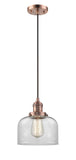 201C-AC-G72 Cord Hung 8" Antique Copper Mini Pendant - Clear Large Bell Glass - LED Bulb - Dimmensions: 8 x 8 x 10<br>Minimum Height : 13<br>Maximum Height : 131 - Sloped Ceiling Compatible: Yes