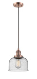 201C-AC-G74 Cord Hung 8" Antique Copper Mini Pendant - Seedy Large Bell Glass - LED Bulb - Dimmensions: 8 x 8 x 10<br>Minimum Height : 13<br>Maximum Height : 131 - Sloped Ceiling Compatible: Yes