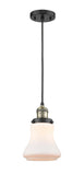 201C-BAB-G191 Cord Hung 6.25" Black Antique Brass Mini Pendant - Matte White Bellmont Glass - LED Bulb - Dimmensions: 6.25 x 6.25 x 10<br>Minimum Height : 13.5<br>Maximum Height : 131.5 - Sloped Ceiling Compatible: Yes