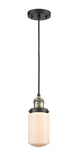 201C-BAB-G311 Cord Hung 4.5" Black Antique Brass Mini Pendant - Matte White Cased Dover Glass - LED Bulb - Dimmensions: 4.5 x 4.5 x 10.25<br>Minimum Height : 13.75<br>Maximum Height : 131.75 - Sloped Ceiling Compatible: Yes