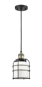 201C-BAB-G51-CE Cord Hung 6" Black Antique Brass Mini Pendant - Matte White Cased Small Bell Cage Glass - LED Bulb - Dimmensions: 6 x 6 x 9<br>Minimum Height : 13.5<br>Maximum Height : 131.5 - Sloped Ceiling Compatible: Yes