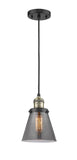 201C-BAB-G63 Cord Hung 6" Black Antique Brass Mini Pendant - Plated Smoke Small Cone Glass - LED Bulb - Dimmensions: 6 x 6 x 8<br>Minimum Height : 13<br>Maximum Height : 131 - Sloped Ceiling Compatible: Yes