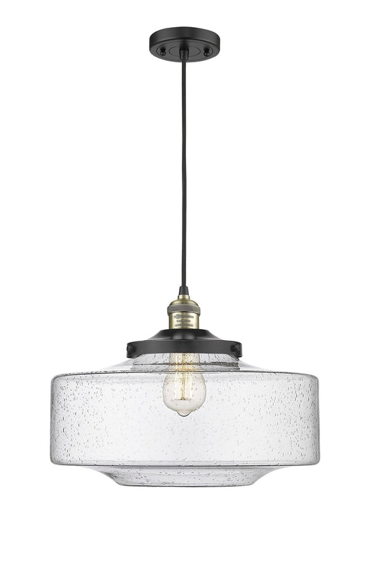201C-BAB-G694-16 Cord Hung 16" Black Antique Brass Mini Pendant - Seedy Large Bridgeton Glass - LED Bulb - Dimmensions: 16 x 16 x 12<br>Minimum Height : 15<br>Maximum Height : 132 - Sloped Ceiling Compatible: Yes