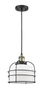 201C-BAB-G71-CE Cord Hung 9" Black Antique Brass Mini Pendant - Matte White Cased Large Bell Cage Glass - LED Bulb - Dimmensions: 9 x 9 x 10<br>Minimum Height : 13.5<br>Maximum Height : 131.5 - Sloped Ceiling Compatible: Yes