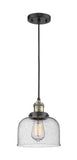 201C-BAB-G74 Cord Hung 8" Black Antique Brass Mini Pendant - Seedy Large Bell Glass - LED Bulb - Dimmensions: 8 x 8 x 10<br>Minimum Height : 13<br>Maximum Height : 131 - Sloped Ceiling Compatible: Yes