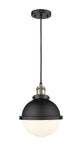 201C-BAB-HFS-81-BK Cord Hung 9" Matte Black Mini Pendant - Matte White Hampden Glass - LED Bulb - Dimmensions: 9 x 9 x 12.25<br>Minimum Height : 15.25<br>Maximum Height : 132.25 - Sloped Ceiling Compatible: Yes