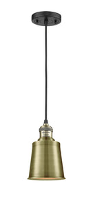 201C-BAB-M9-AB Cord Hung 5" Black Antique Brass Mini Pendant - Antique Brass Addison Shade - LED Bulb - Dimmensions: 5 x 5 x 8<br>Minimum Height : 12.75<br>Maximum Height : 130.75 - Sloped Ceiling Compatible: Yes