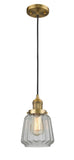 201C-BB-G142 Cord Hung 7" Brushed Brass Mini Pendant - Clear Chatham Glass - LED Bulb - Dimmensions: 7 x 7 x 11<br>Minimum Height : 14<br>Maximum Height : 132 - Sloped Ceiling Compatible: Yes