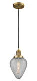 201C-BB-G165 Cord Hung 6.5" Brushed Brass Mini Pendant - Clear Crackle Geneseo Glass - LED Bulb - Dimmensions: 6.5 x 6.5 x 12<br>Minimum Height : 16<br>Maximum Height : 134 - Sloped Ceiling Compatible: Yes