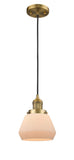 201C-BB-G171 Cord Hung 7" Brushed Brass Mini Pendant - Matte White Cased Fulton Glass - LED Bulb - Dimmensions: 7 x 7 x 10<br>Minimum Height : 12.5<br>Maximum Height : 130.5 - Sloped Ceiling Compatible: Yes