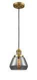201C-BB-G173 Cord Hung 7" Brushed Brass Mini Pendant - Plated Smoke Fulton Glass - LED Bulb - Dimmensions: 7 x 7 x 10<br>Minimum Height : 12.5<br>Maximum Height : 130.5 - Sloped Ceiling Compatible: Yes