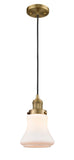 201C-BB-G191 Cord Hung 6.25" Brushed Brass Mini Pendant - Matte White Bellmont Glass - LED Bulb - Dimmensions: 6.25 x 6.25 x 10<br>Minimum Height : 13.5<br>Maximum Height : 131.5 - Sloped Ceiling Compatible: Yes