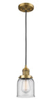 201C-BB-G52 Cord Hung 5" Brushed Brass Mini Pendant - Clear Small Bell Glass - LED Bulb - Dimmensions: 5 x 5 x 10<br>Minimum Height : 13<br>Maximum Height : 131 - Sloped Ceiling Compatible: Yes