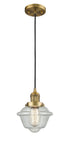 201C-BB-G534 Cord Hung 7.5" Brushed Brass Mini Pendant - Seedy Small Oxford Glass - LED Bulb - Dimmensions: 7.5 x 7.5 x 8<br>Minimum Height : 13<br>Maximum Height : 131 - Sloped Ceiling Compatible: Yes