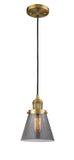 201C-BB-G63 Cord Hung 6" Brushed Brass Mini Pendant - Plated Smoke Small Cone Glass - LED Bulb - Dimmensions: 6 x 6 x 8<br>Minimum Height : 13<br>Maximum Height : 131 - Sloped Ceiling Compatible: Yes