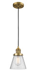 201C-BB-G64 Cord Hung 6" Brushed Brass Mini Pendant - Seedy Small Cone Glass - LED Bulb - Dimmensions: 6 x 6 x 8<br>Minimum Height : 13<br>Maximum Height : 131 - Sloped Ceiling Compatible: Yes