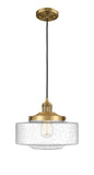 201C-BB-G694-12 Cord Hung 12" Brushed Brass Mini Pendant - Seedy Large Bridgeton Glass - LED Bulb - Dimmensions: 12 x 12 x 9.875<br>Minimum Height : 12.875<br>Maximum Height : 129.875 - Sloped Ceiling Compatible: Yes