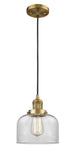 201C-BB-G72 Cord Hung 8" Brushed Brass Mini Pendant - Clear Large Bell Glass - LED Bulb - Dimmensions: 8 x 8 x 10<br>Minimum Height : 13<br>Maximum Height : 131 - Sloped Ceiling Compatible: Yes